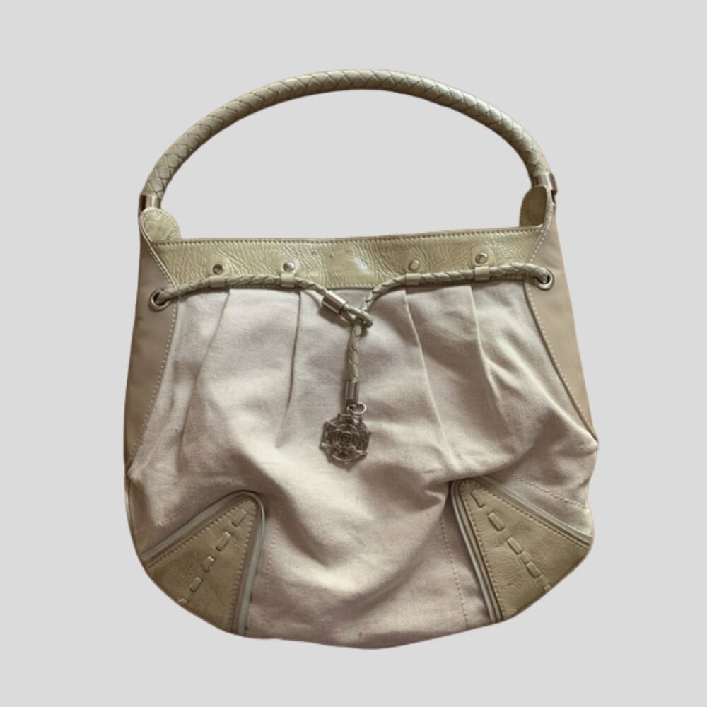 Kate Landry Cream and Tan Shoulder Bag w/ Floral Interior (Y2K)